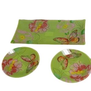 NWT 3 Pasadena Decorative Green‎ butterfly/flower dishes 1 Rectangular & 2 Round